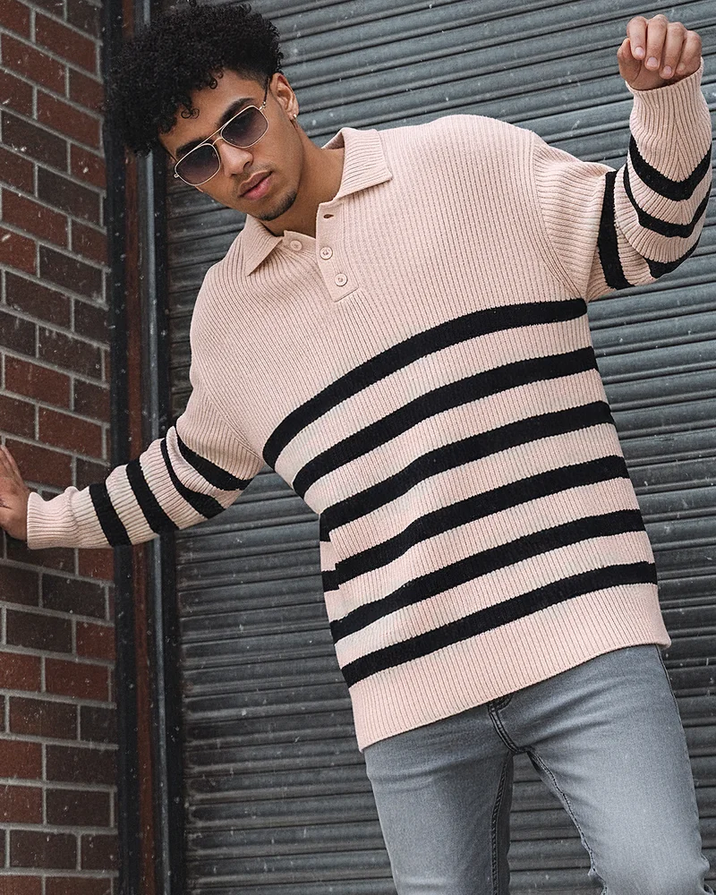 بيواكوف Men's Beige & Black Striped Oversized Sweater